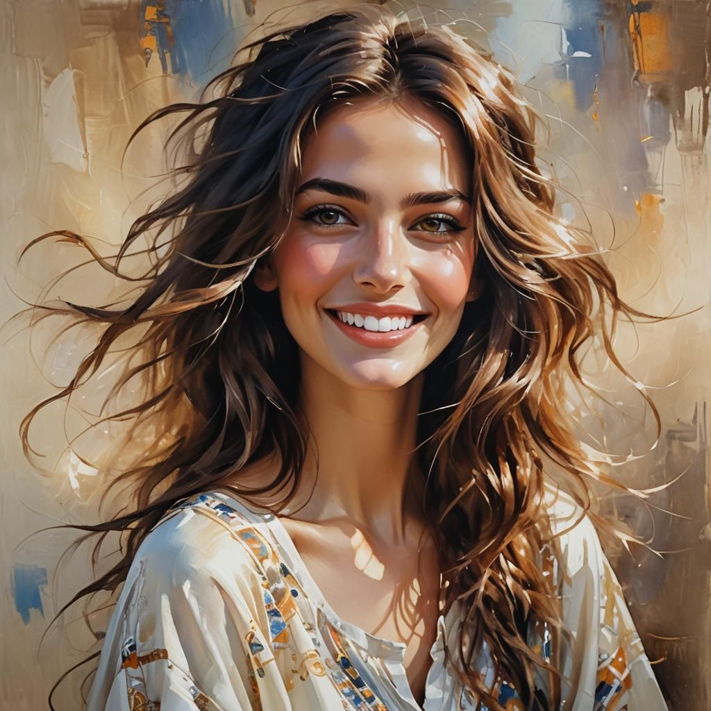 Bohemian Woman Smiling in Sunlight as Dry Brush Painting