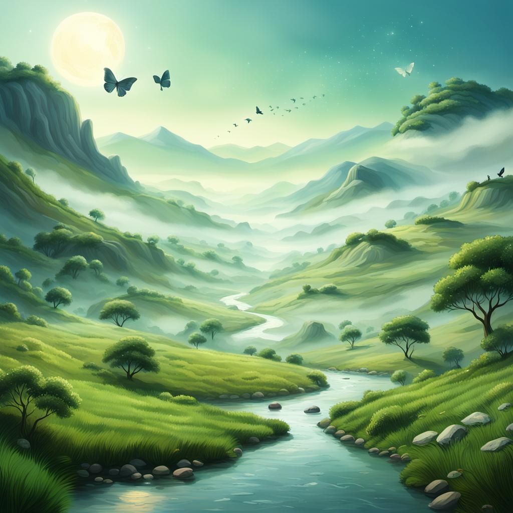 Idyllic Valley Landscape with Butterflies and Stream