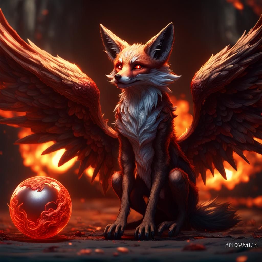 Demonic Fox with Angelic Wing in Dark Fantasy Style