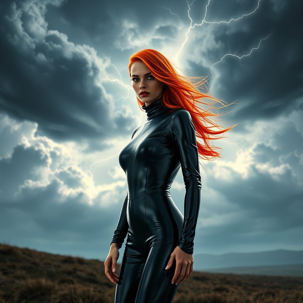 Red-Haired Woman in Latex Catsuit on Windswept Moor