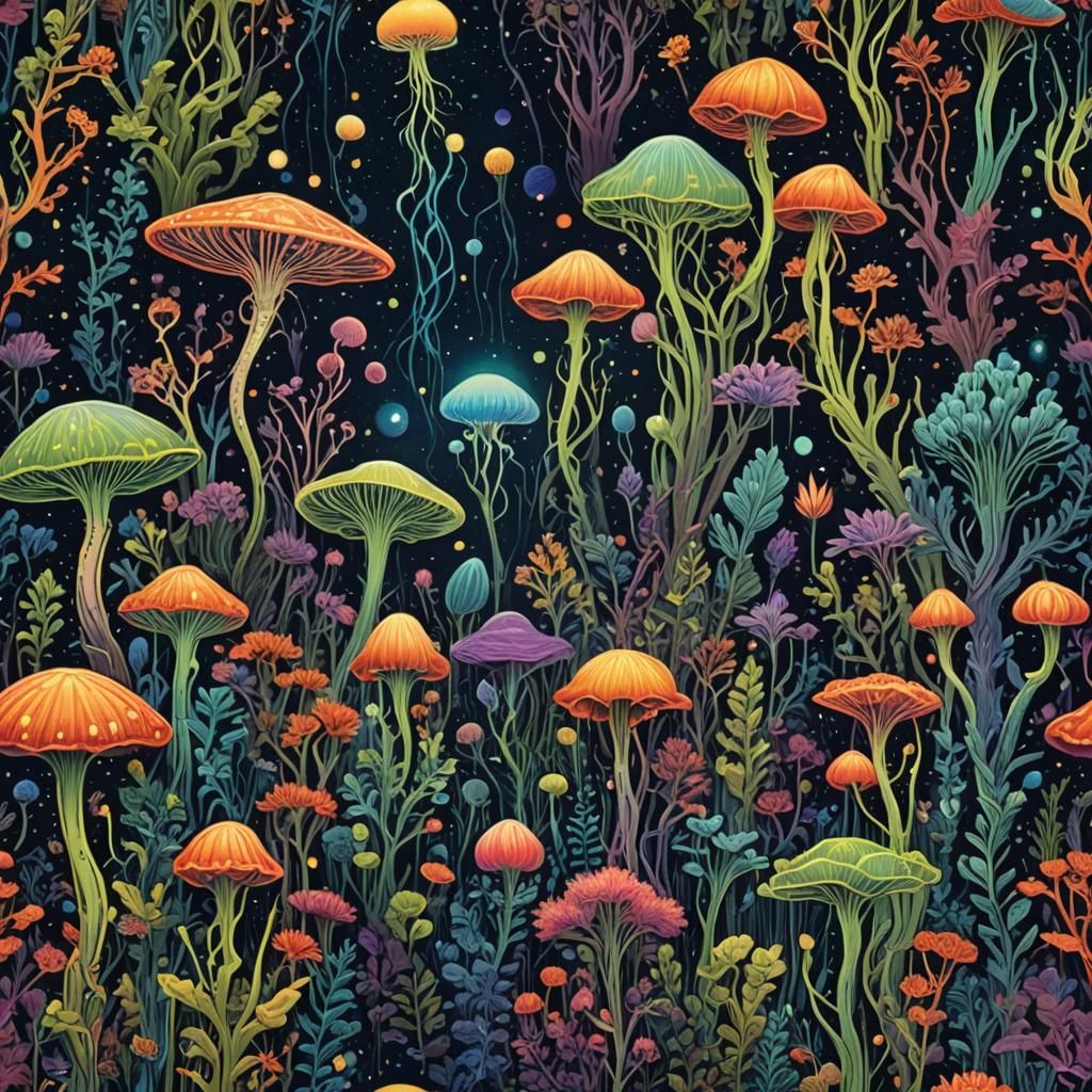 Exotic Alien Ecosystem with Bioluminescent Flora