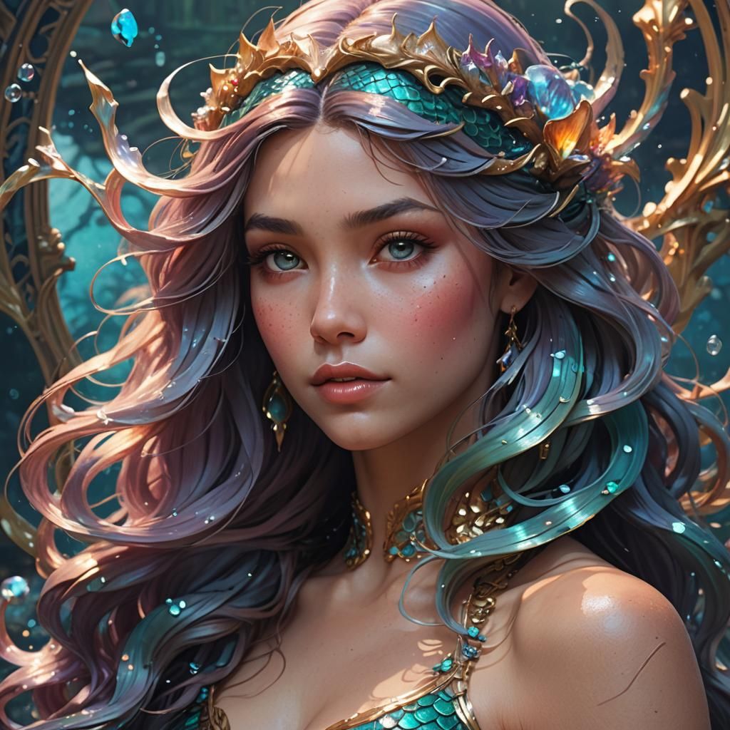 Beautiful Mermaid Portrait in Art Nouveau Style