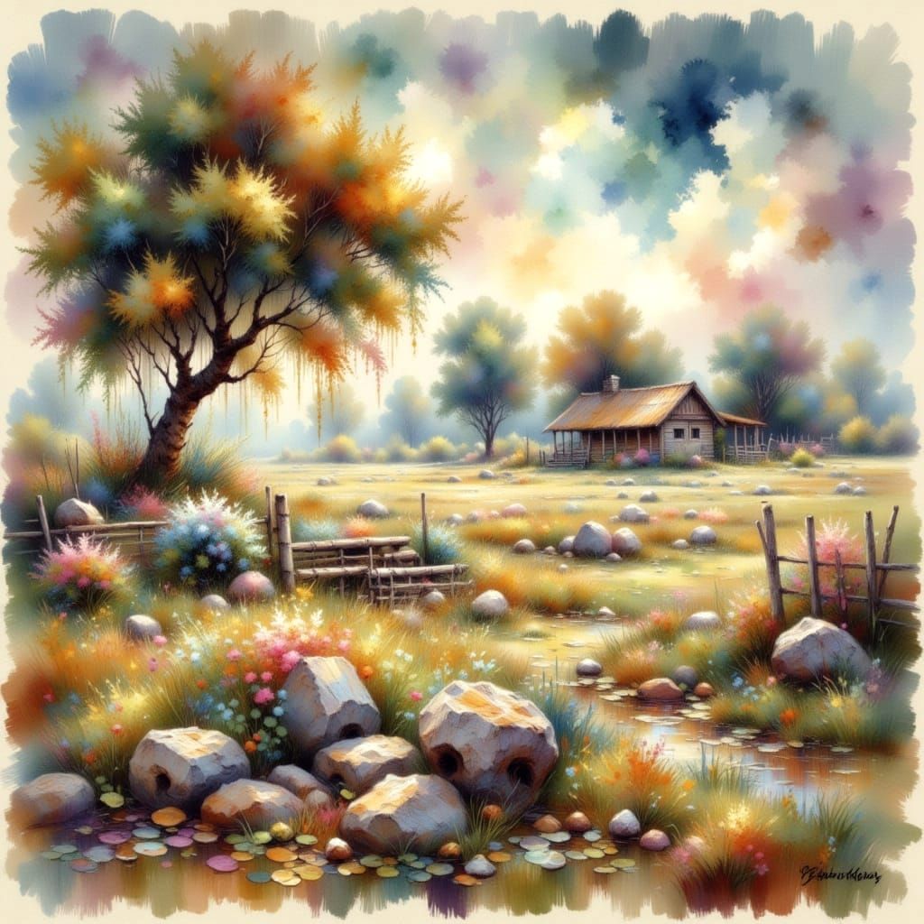 Ethereal Wet Ink Landscape Painting