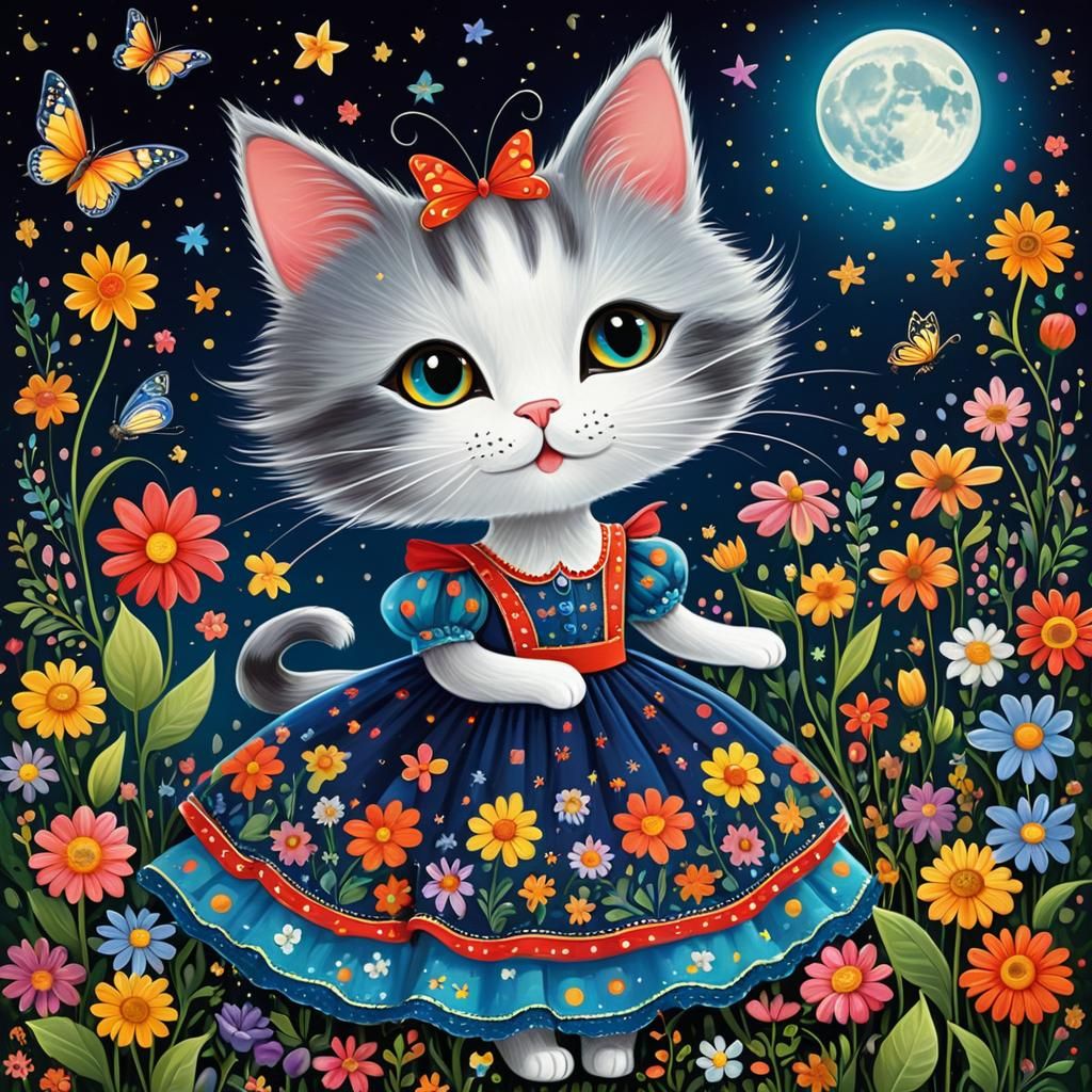 Whimsical Cat in Colorful Garden Under Moon