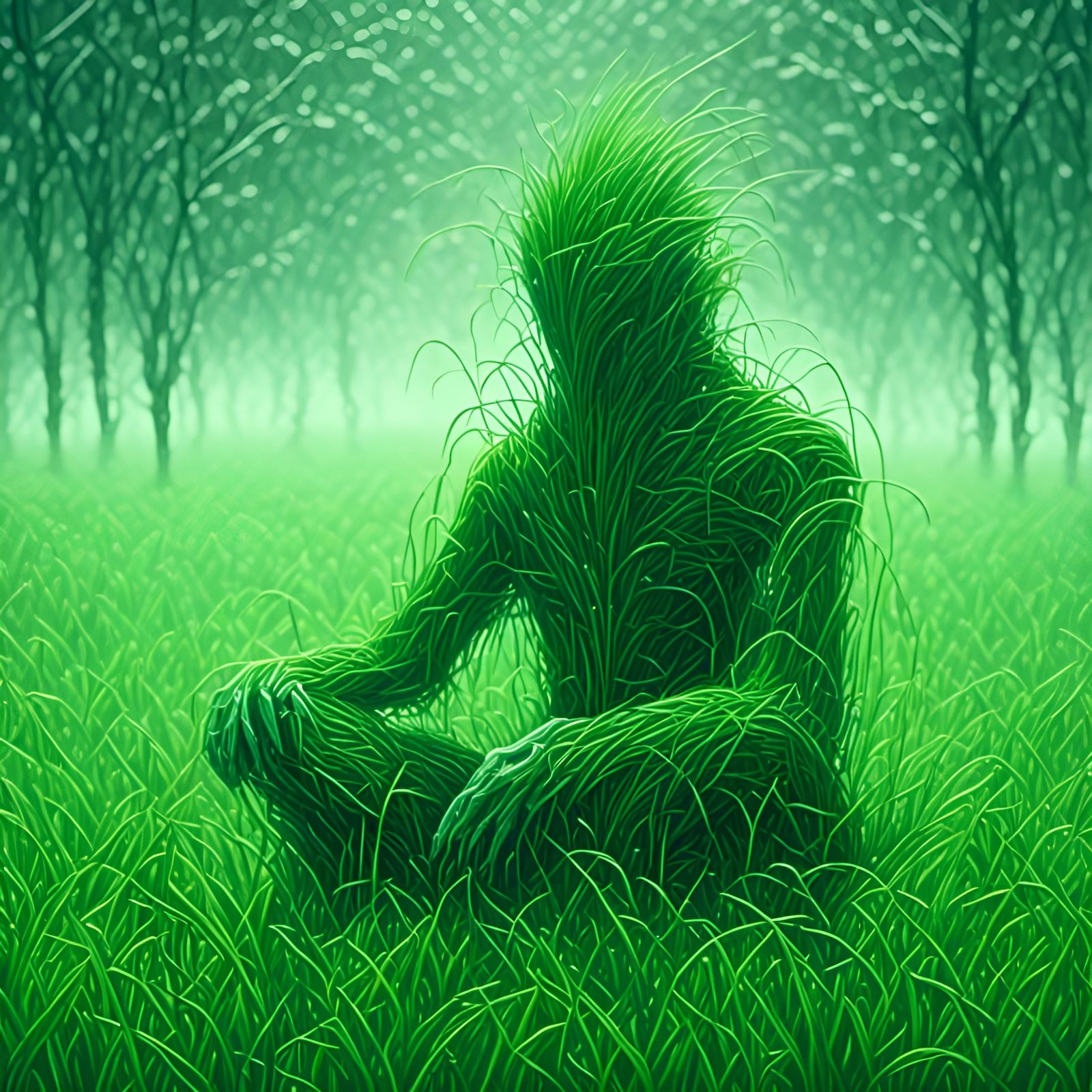 Cubist Grass Man Meditates in Ethereal Fog