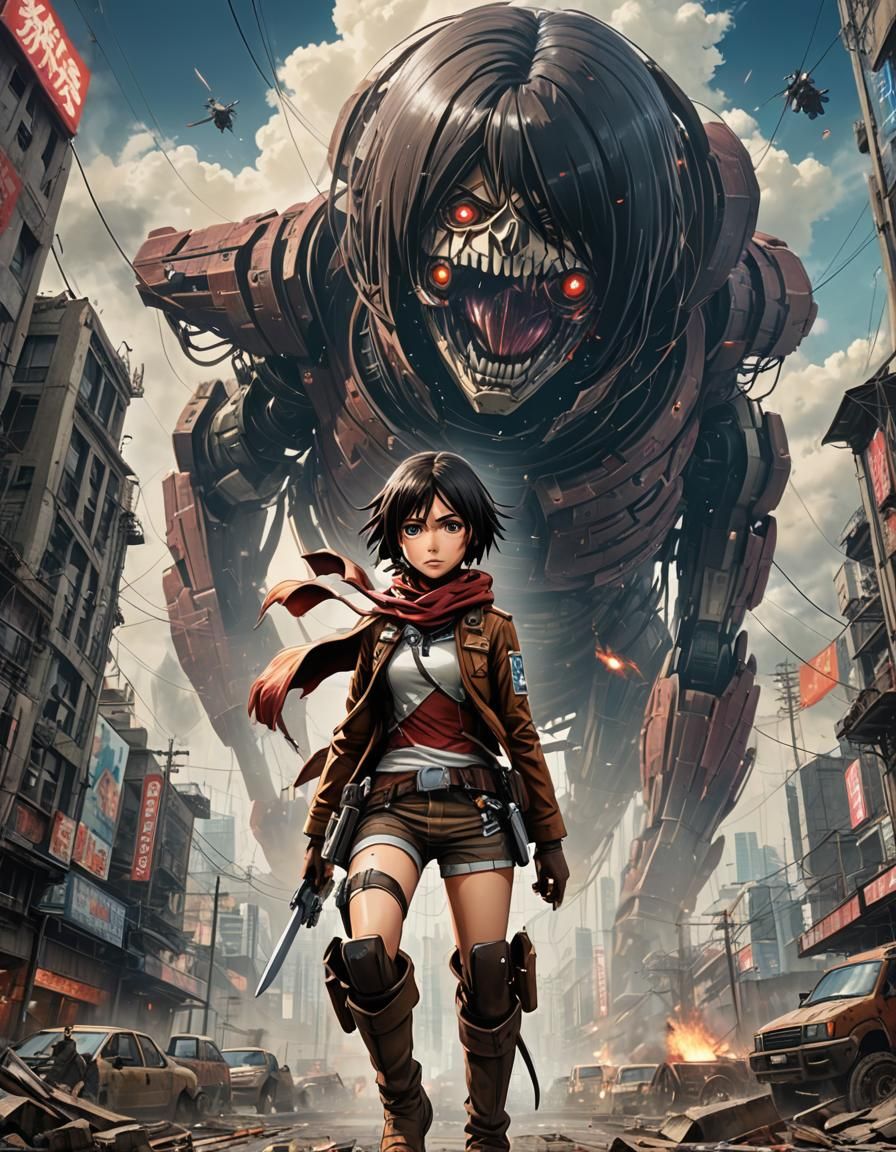 Mikasa Ackerman in Cyberpunk Style Action Shot