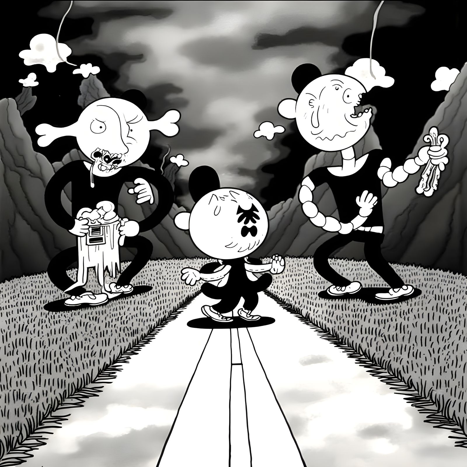 Chicago-Style Cartoon Character at a Crossroads in a Grim De...