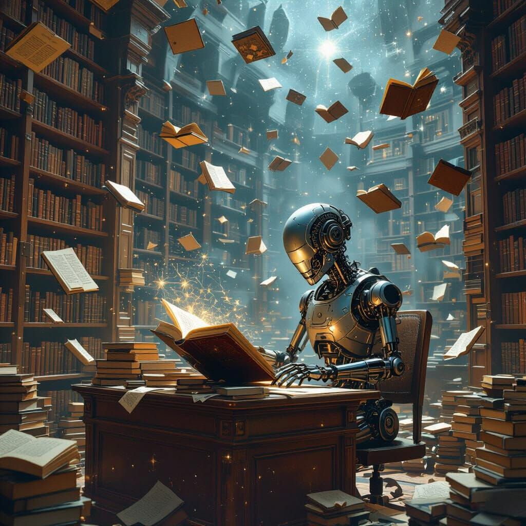 Enchanted Library with Floating Books and Cosmic Shelves