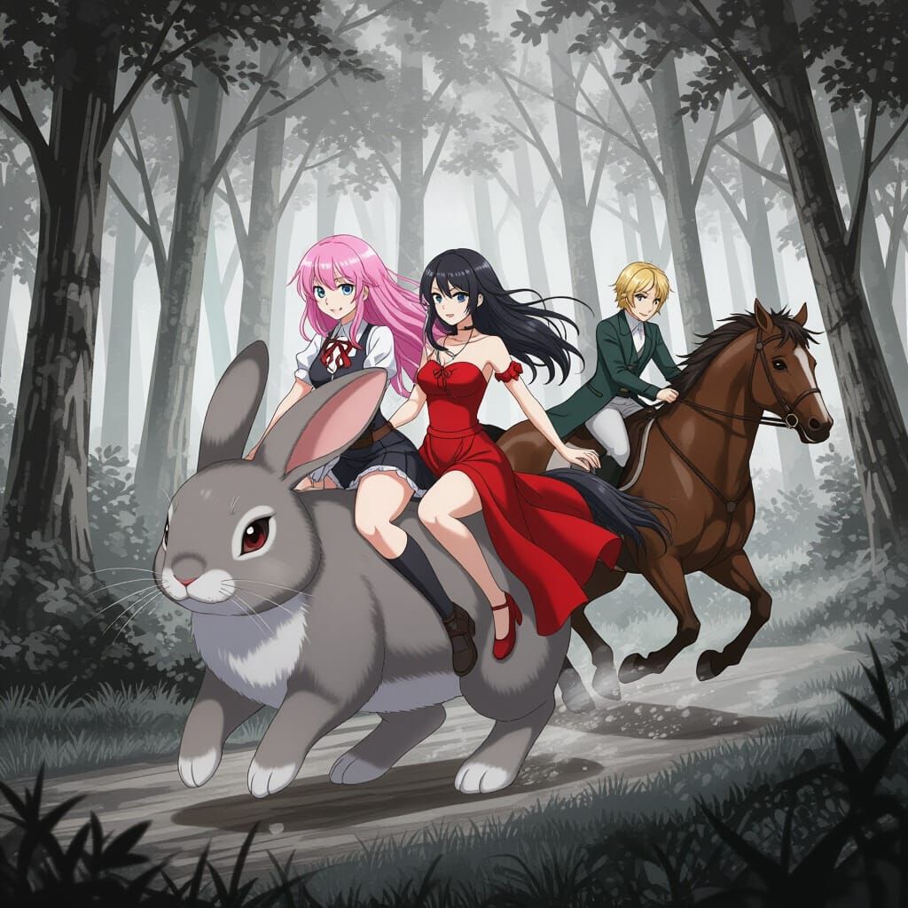 Pink Haired Woman and Red Dress Woman Riding Rabbit in Fores...