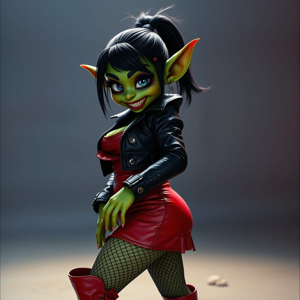 Gothic Goblin Goddess in Red Leather Finery