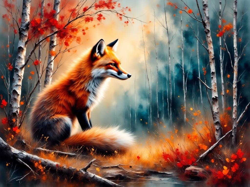 Ethereal Autumn Scene in Vibrant Watercolor Oil Painting Sty...