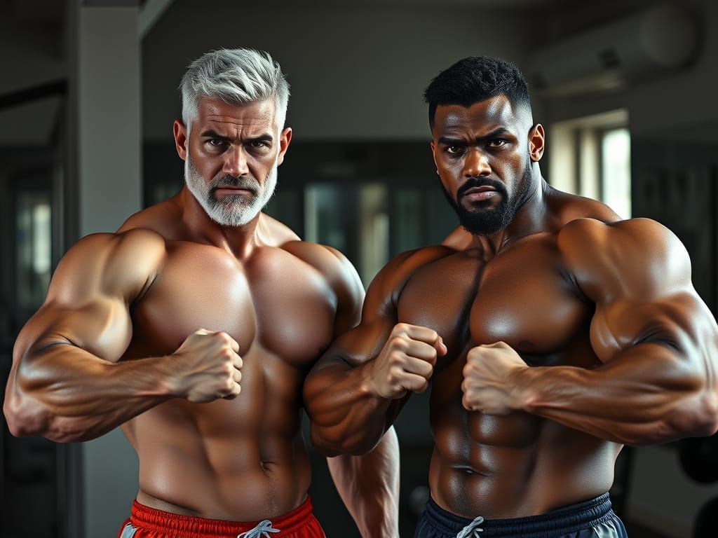 Muscular Gym Buddies Pose in High-Contrast, Cinematic Style