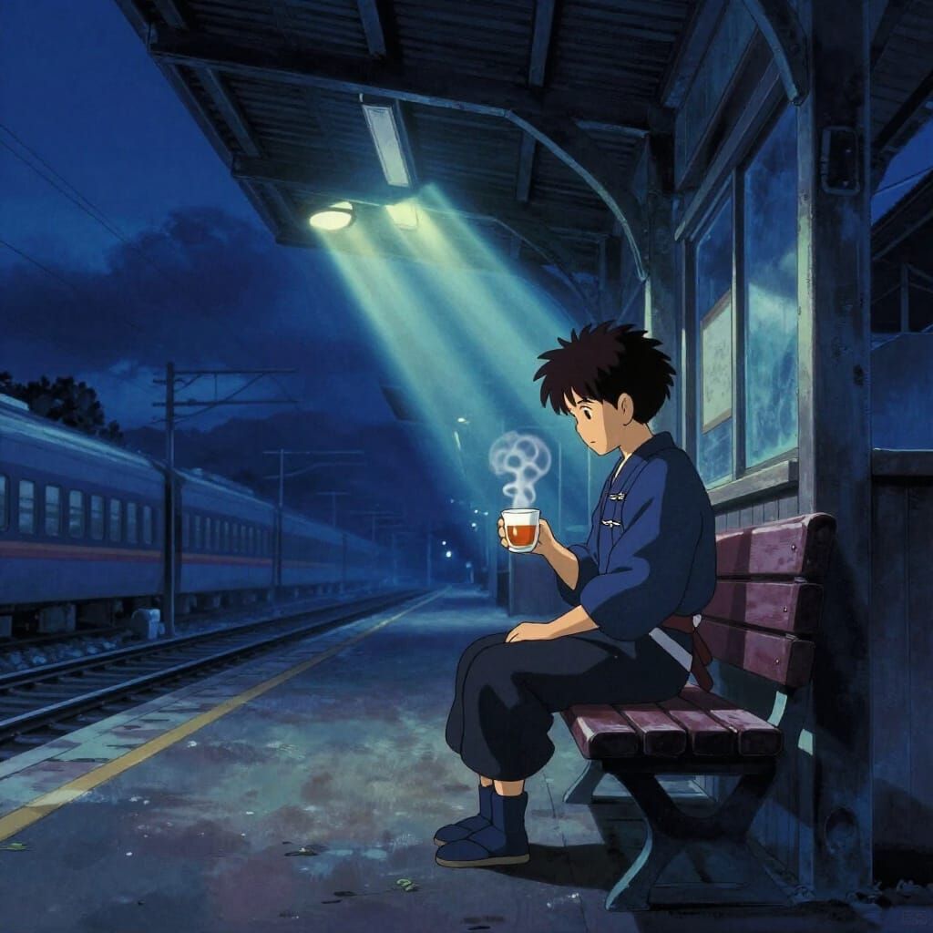Samurai at Midnight Train Station in Storybook Style
