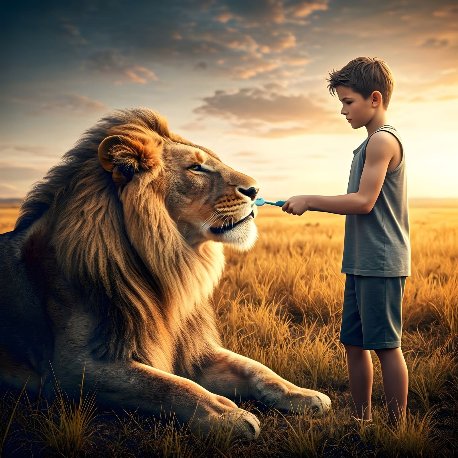 Brutish Adolescent Brushes Lion's Teeth Amidst Savannah Suns...