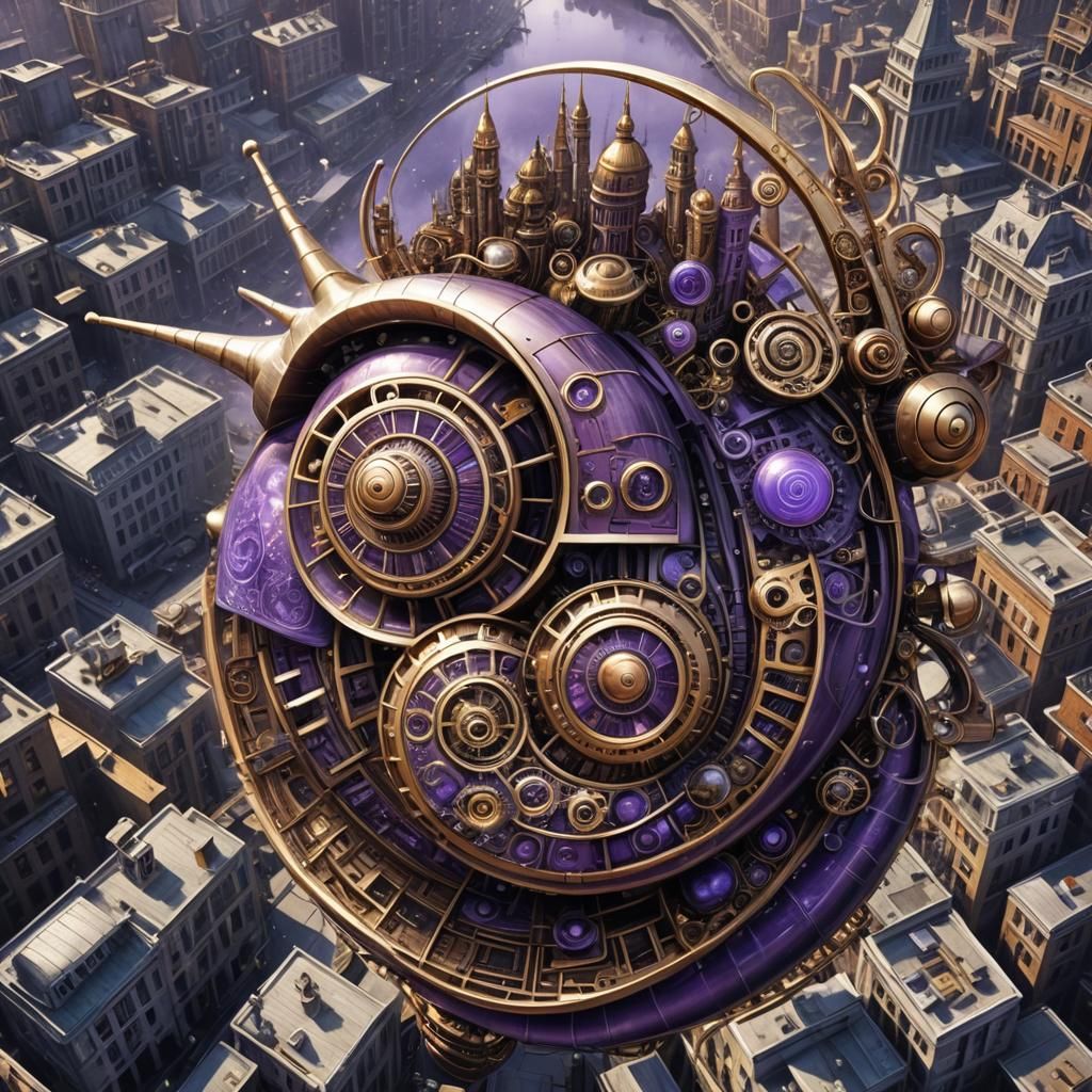 Steampunk Snail Soaring Over Cityscape