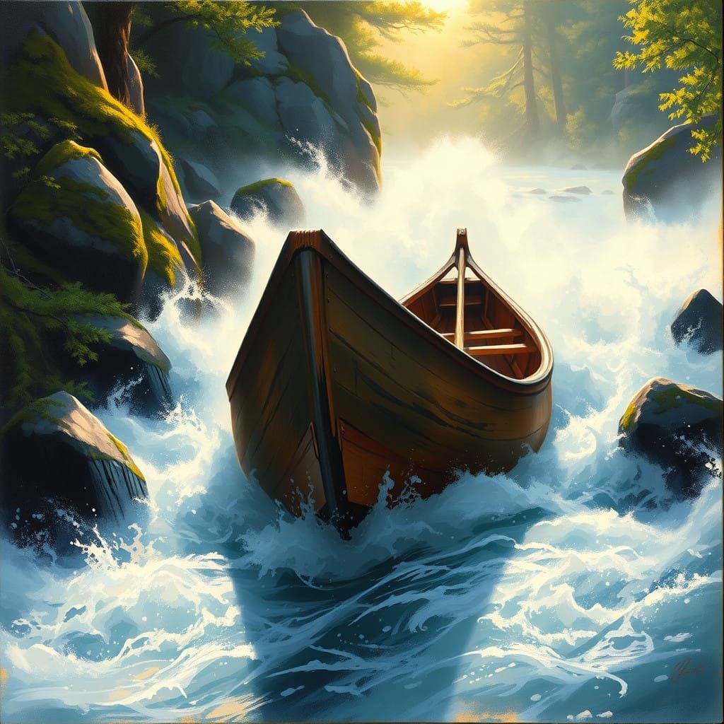 Weathered Wooden Canoe Navigates Turbulent Whitewater Rapids...