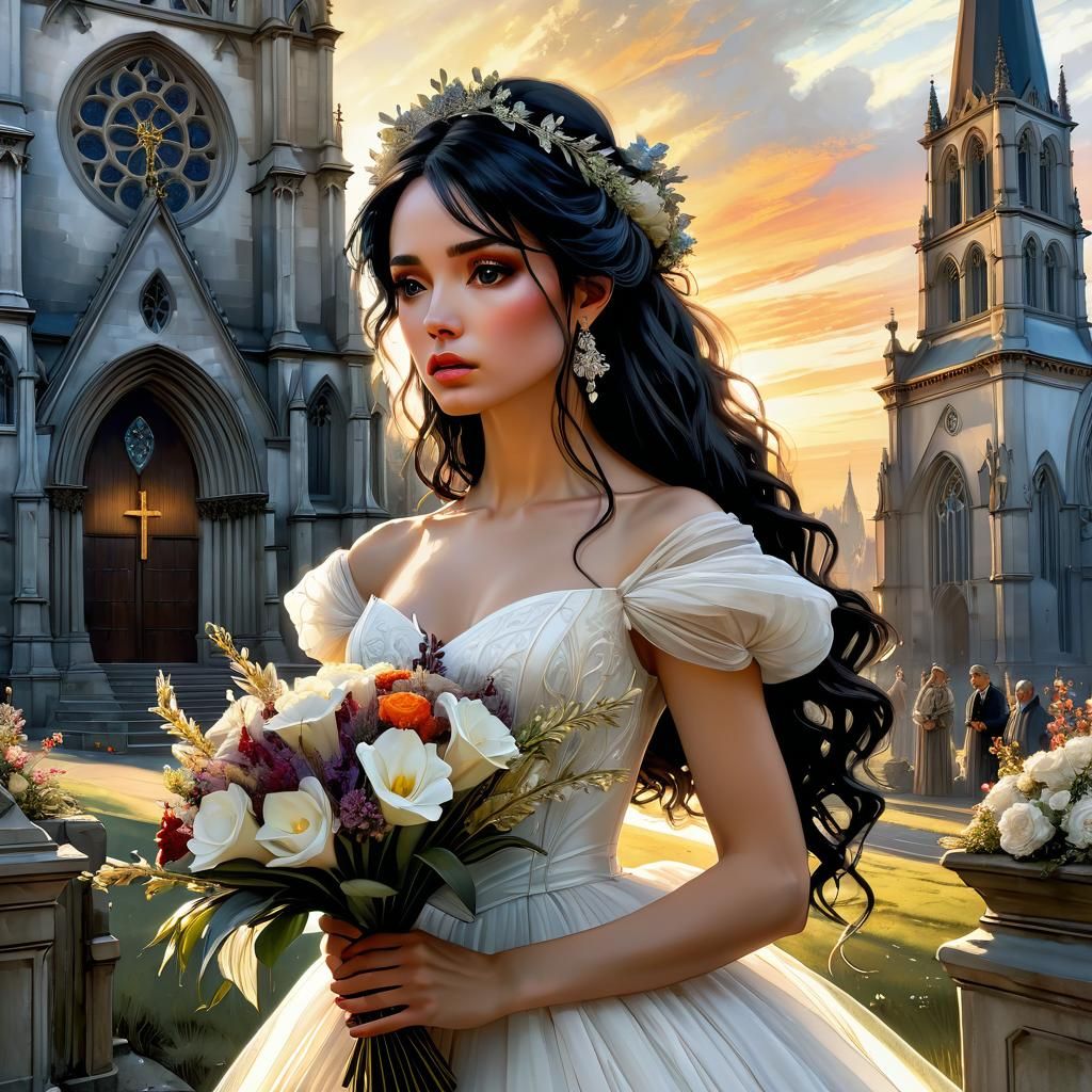 Anxious Bride at Church in Anime Fairytale Style