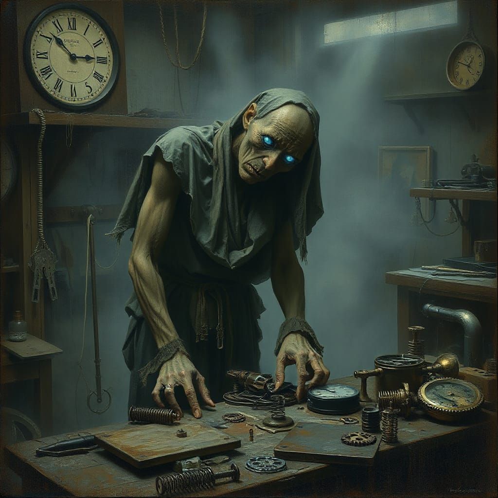 Eerie Spectral Clockmaker in Dark Surrealism Style