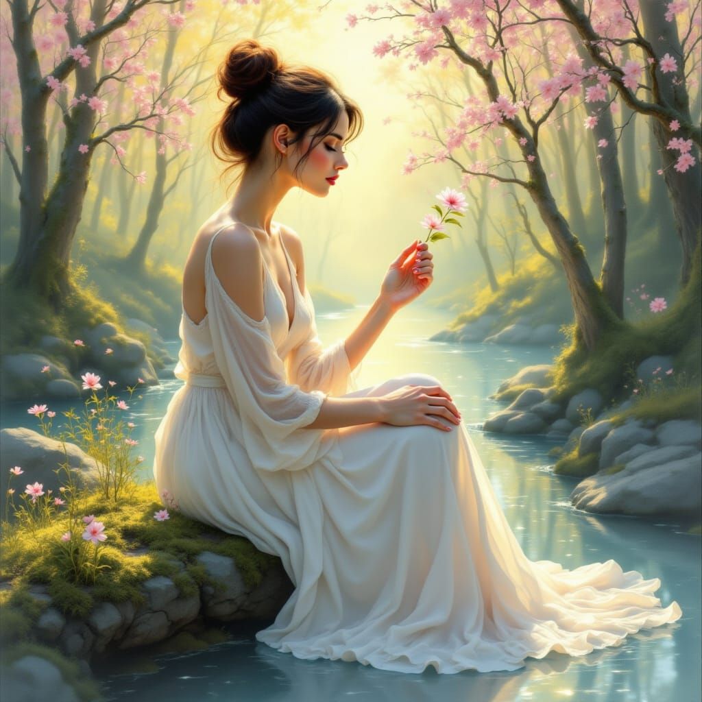 Ethereal Woman with Flower in Pastel Landscape