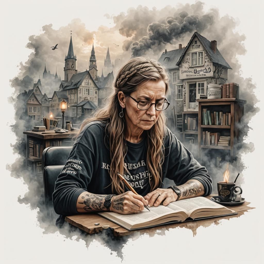 Hyperrealistic Young Woman Writing by Candlelight