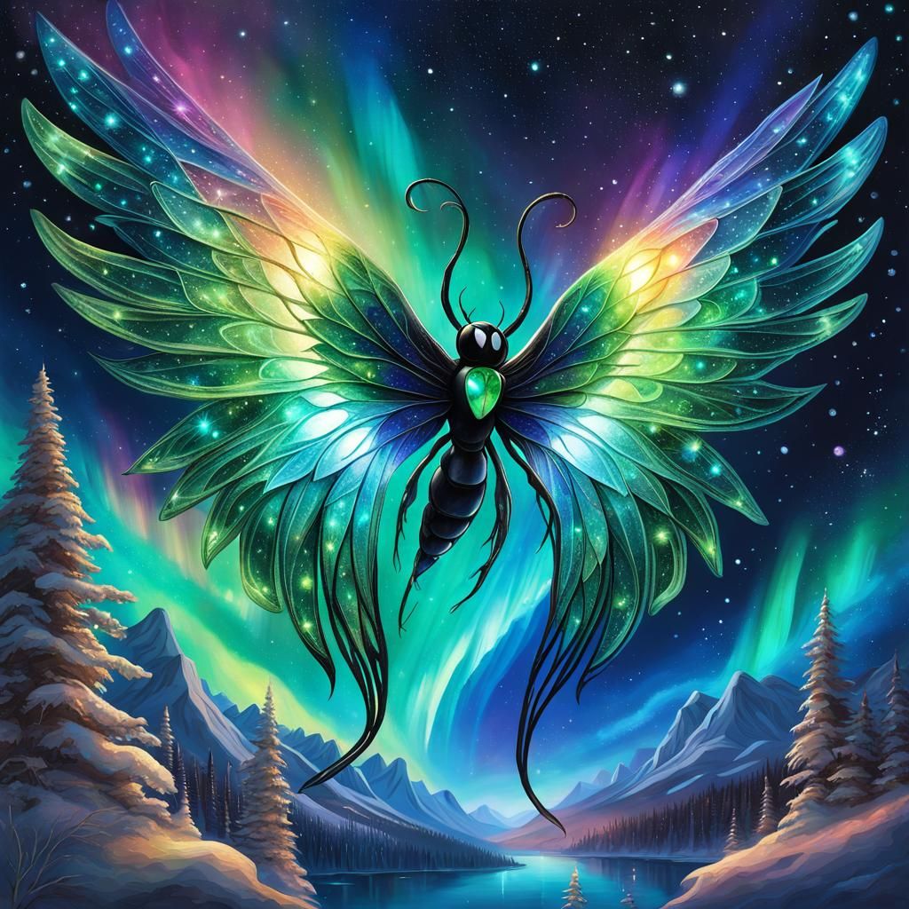 Emerald Sapphire Firefly in Rainbow Aurora