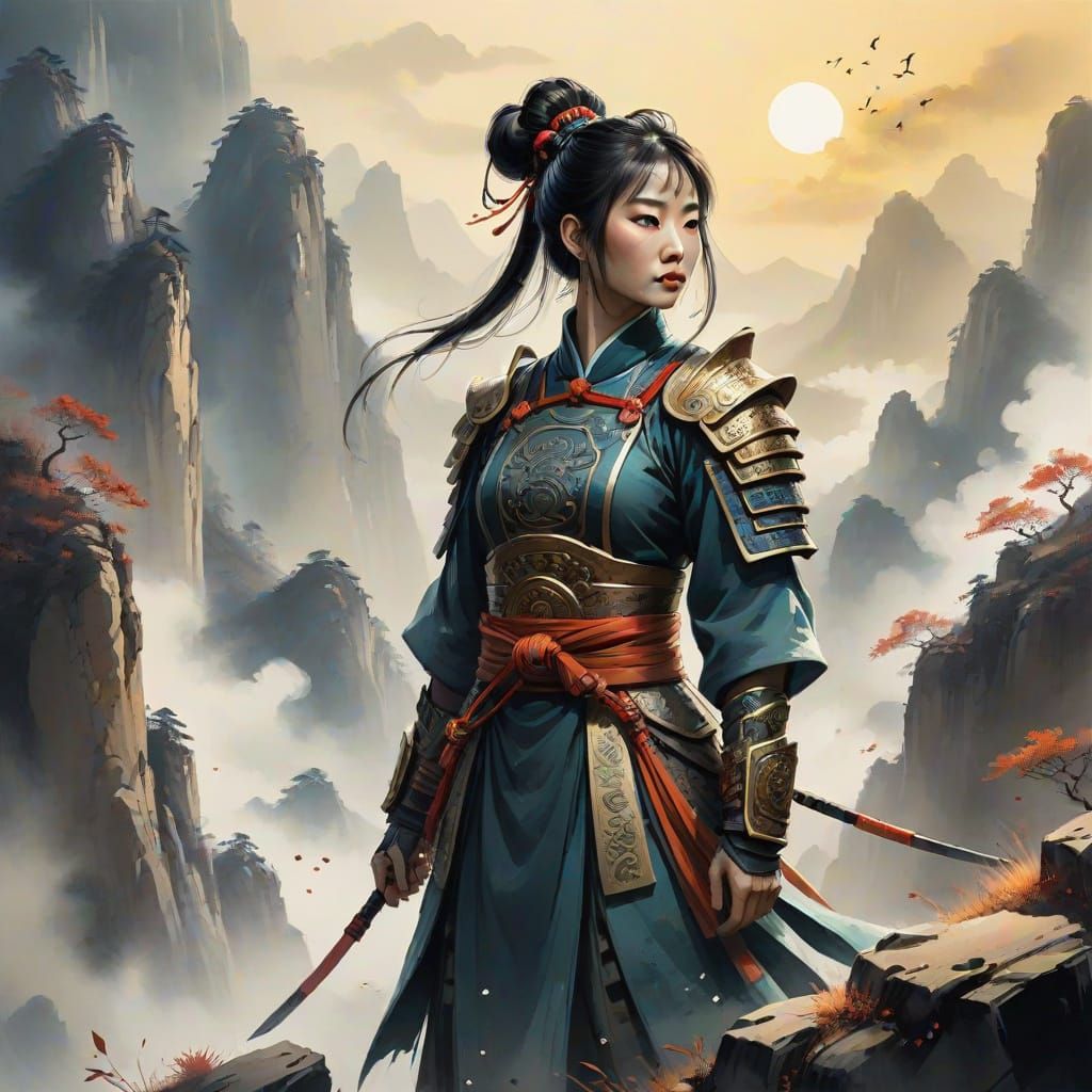 Ethereal Chinese Warrior in Golden Hour