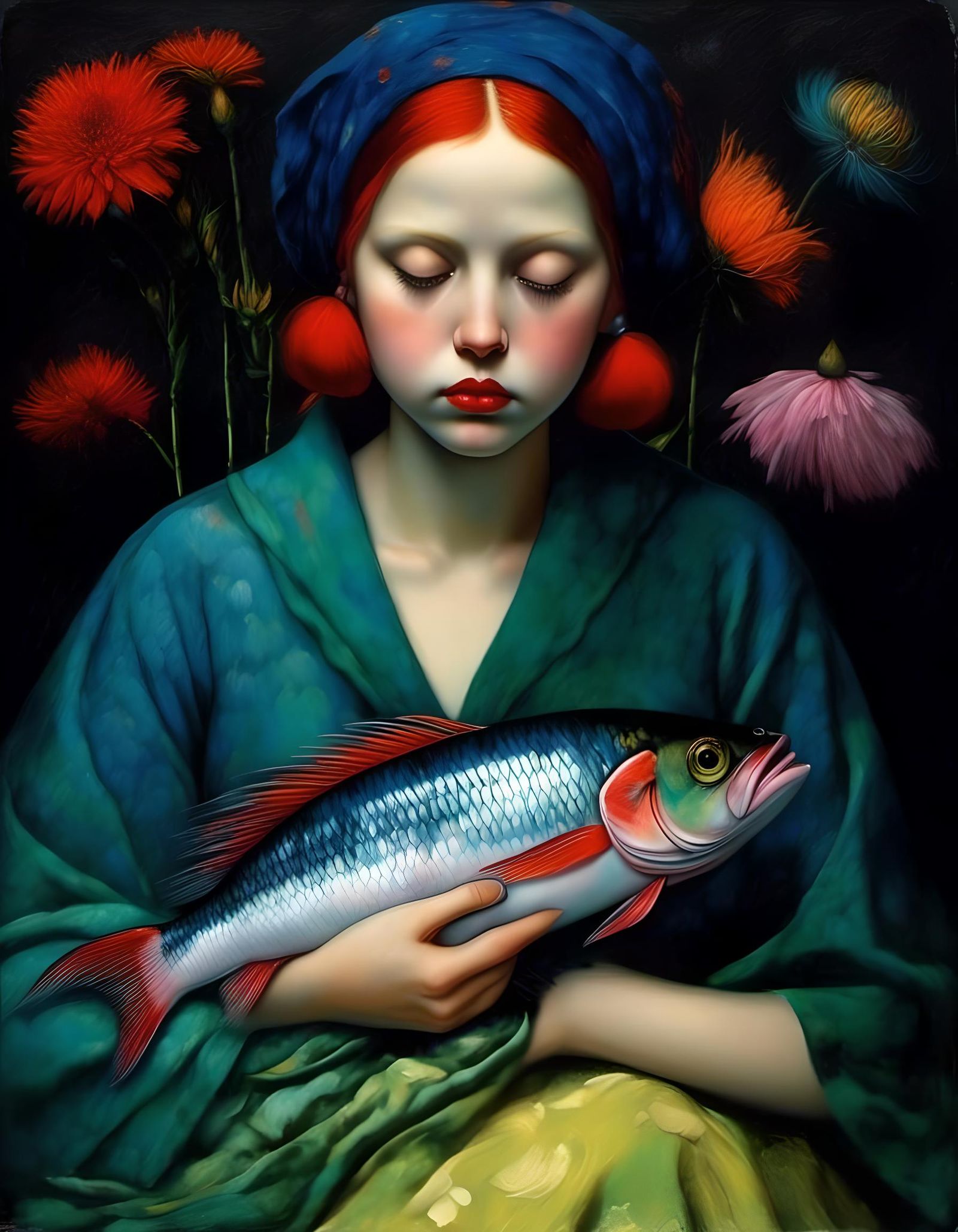 Fisherman's Daughter with Koi, in Dark Fantasy Style