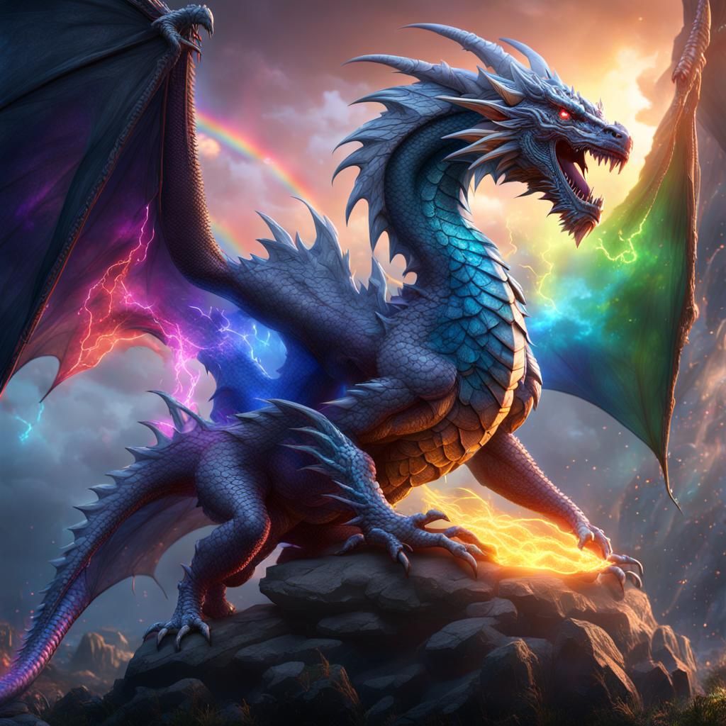 Crystal Dragon with Rainbow Lightning, Digital Art