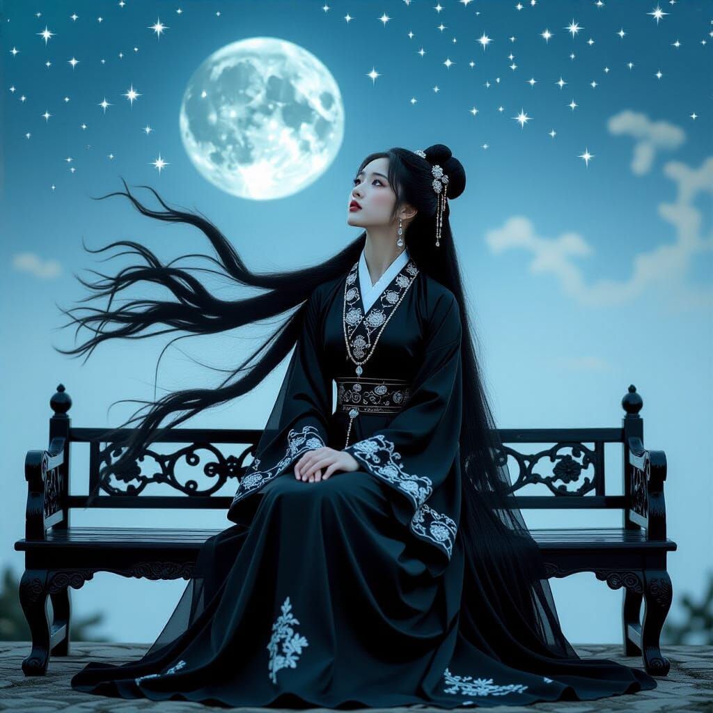 Chinese Maiden in Gothic Garden, Pre-Raphaelite Style