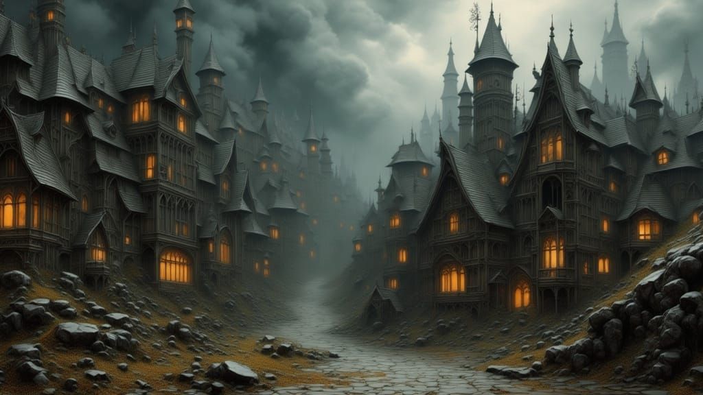 Mystical Village in Surreal Cyberpunk Style