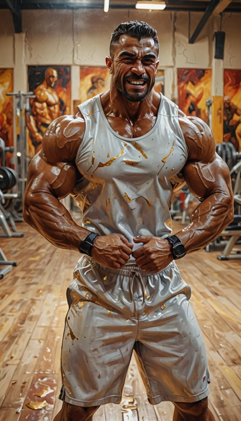 Arab Bodybuilder Flexing in Vivid Oil Painting Style
