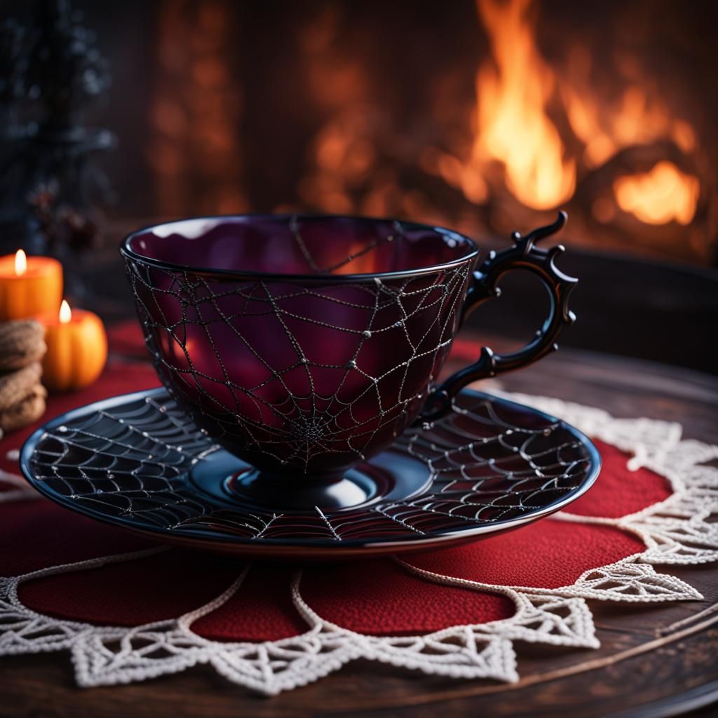 Witchy Teacup on Spiderweb Doily, Fantasy Art