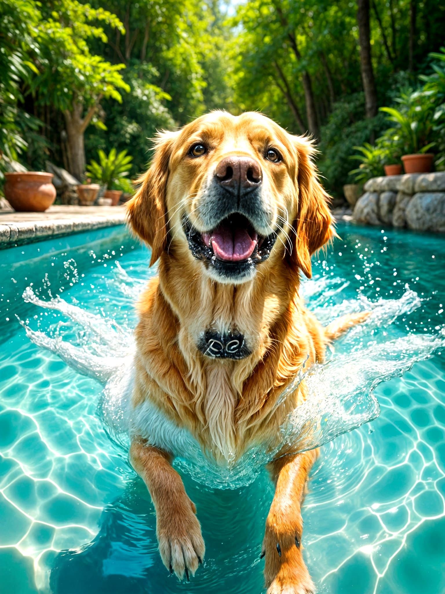 Golden Retriever Splashing in Summer Water