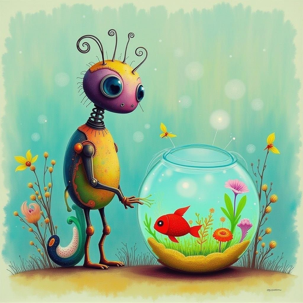Cute Robot Holding Fishbowl in Vibrant Style