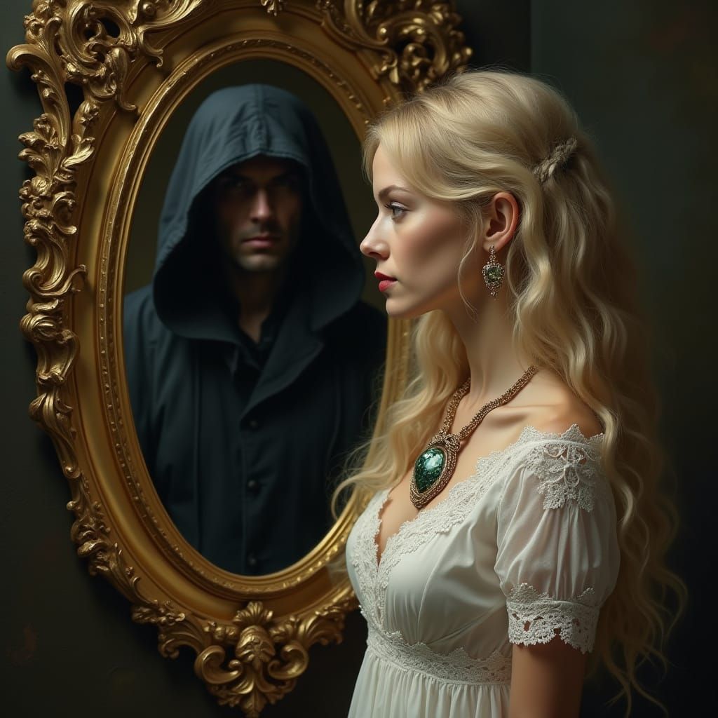 Elegant Blonde Woman in Lace Dress with Crystal Pendant and ...