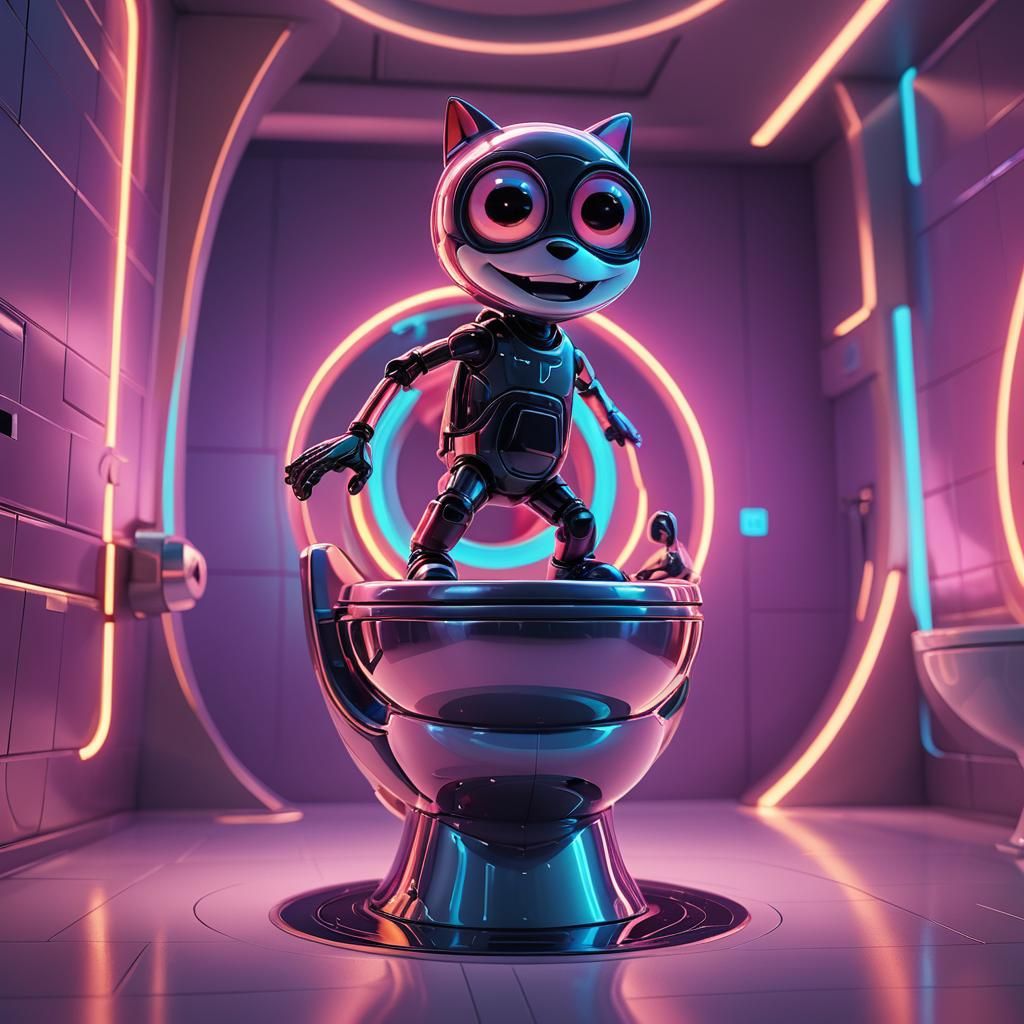 Cartoon Character on Futuristic Toilet in Pixar Style