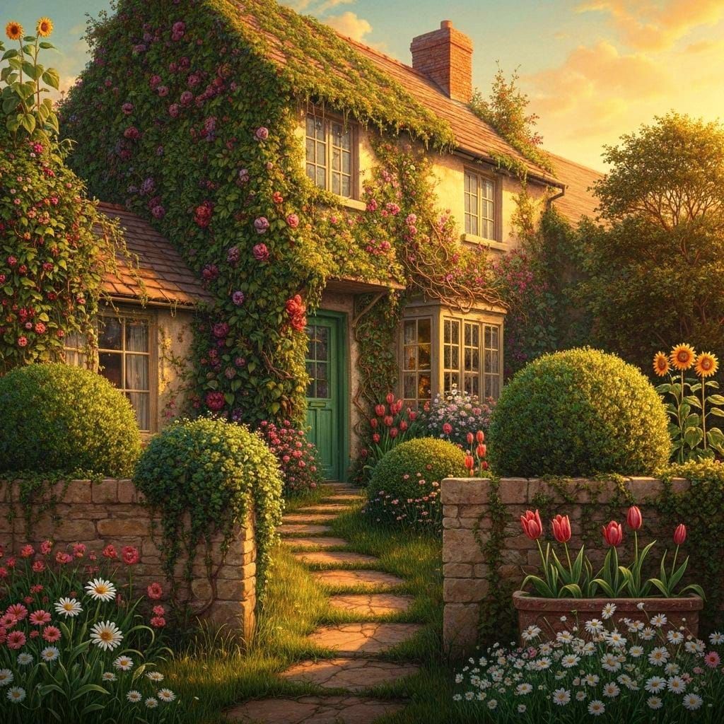 Overgrown Floral Cottage Painting at Golden Hour