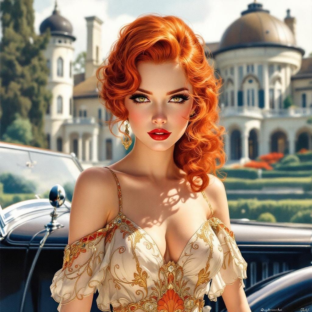 1920s Pinup Beauty Beside Luxury Car, Watercolor Style