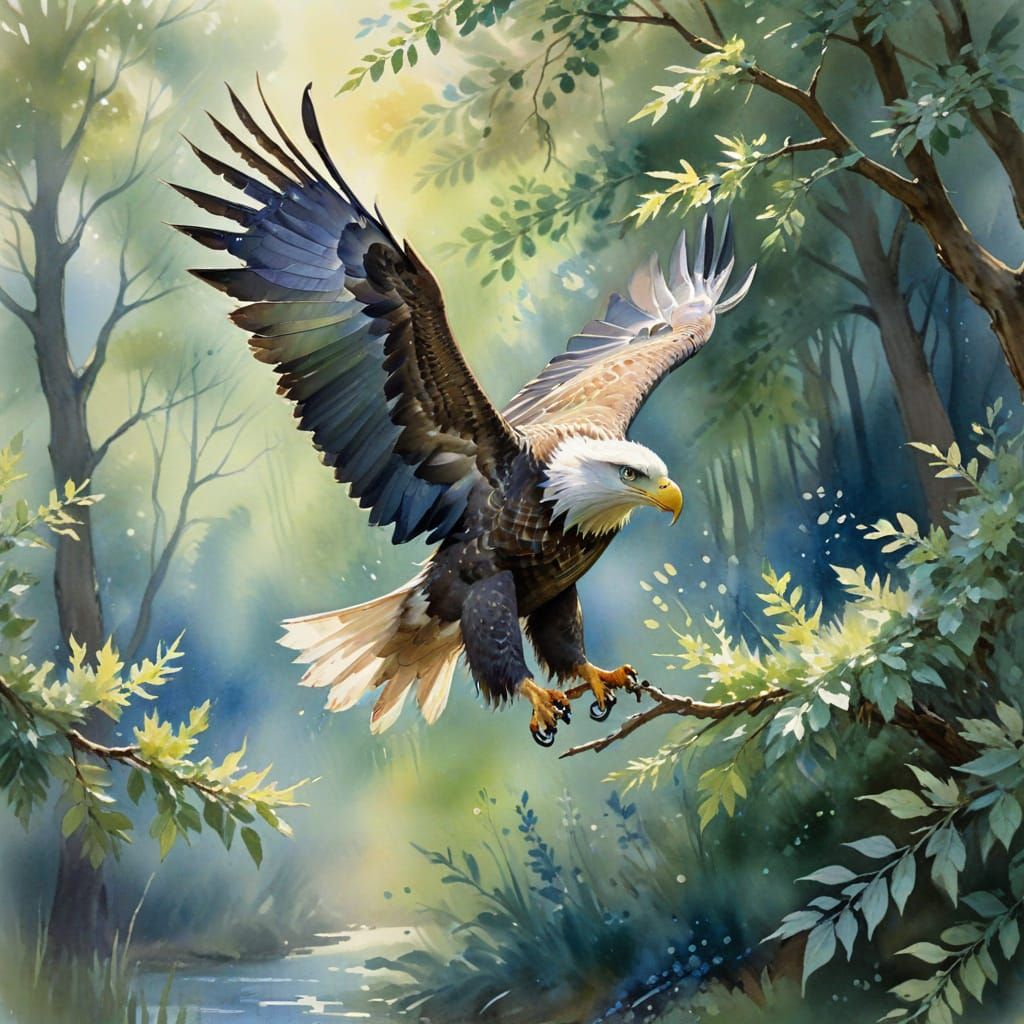 Whimsical Eagle in Flight, Soft Watercolor Painting