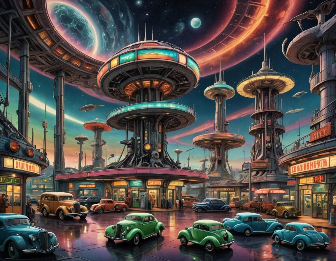 Futuristic Gas Station on Yuggoth in Intense Starry Nebulae...