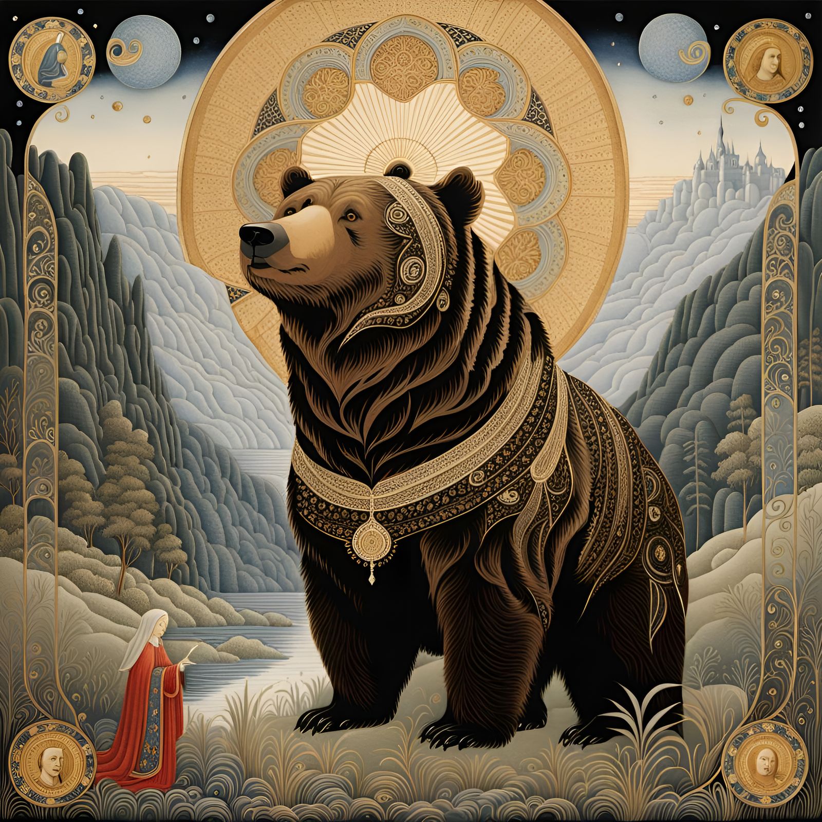 Mythical Carpathian Brown Bear with Virgin Mary, Art Nouveau...