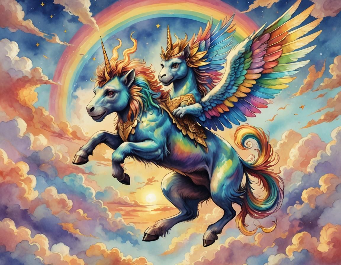 Flying Monkey Unicorn in Watercolor Fantasy Landscape