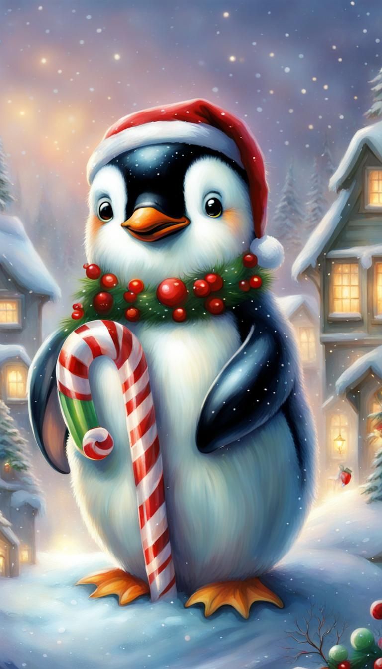 Festive Penguin with Candy Cane in Luminist Style