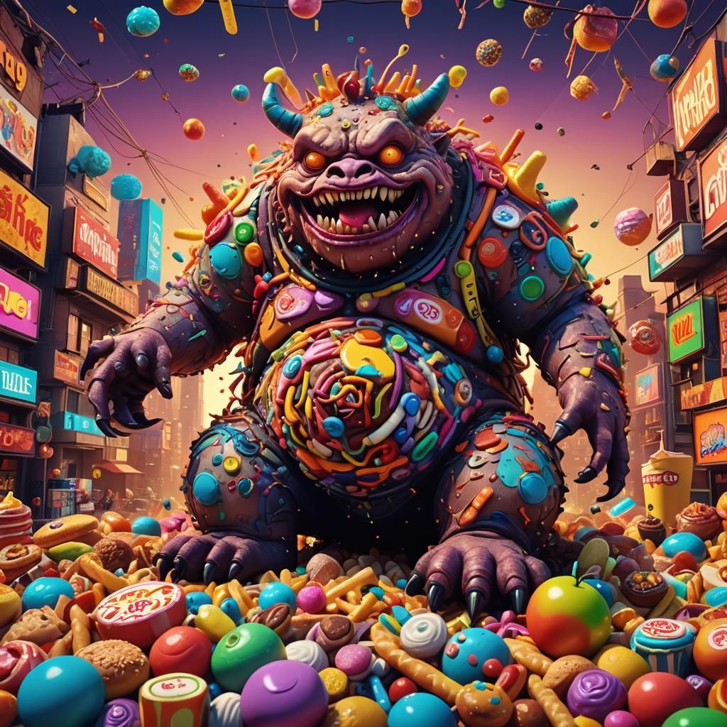 Grotesque Creature Overwhelmed by Junk Food in 3D Art