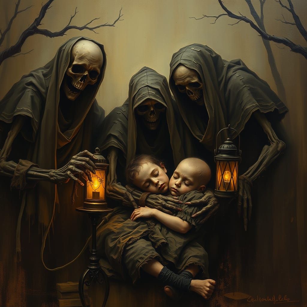 Undead Figures Gather Around a Sleeping Child in a Muted, Se...