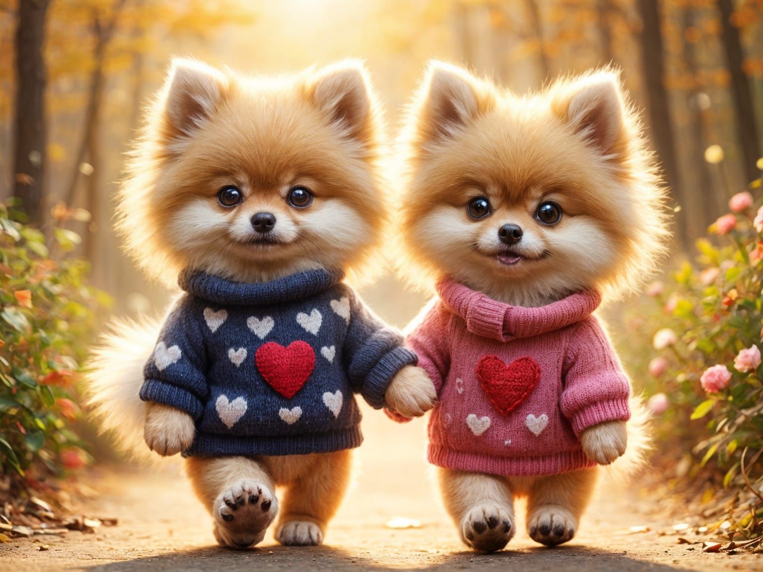 Cute Pomeranian Dog Walks With Girl in Vintage Watercolor St...