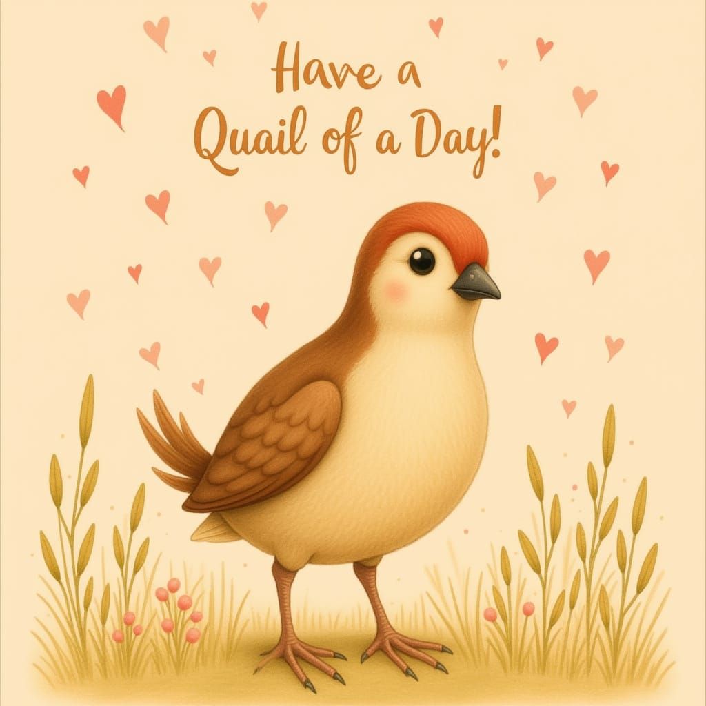 Charming Quail Greeting Card Illustration in Watercolour Sty...