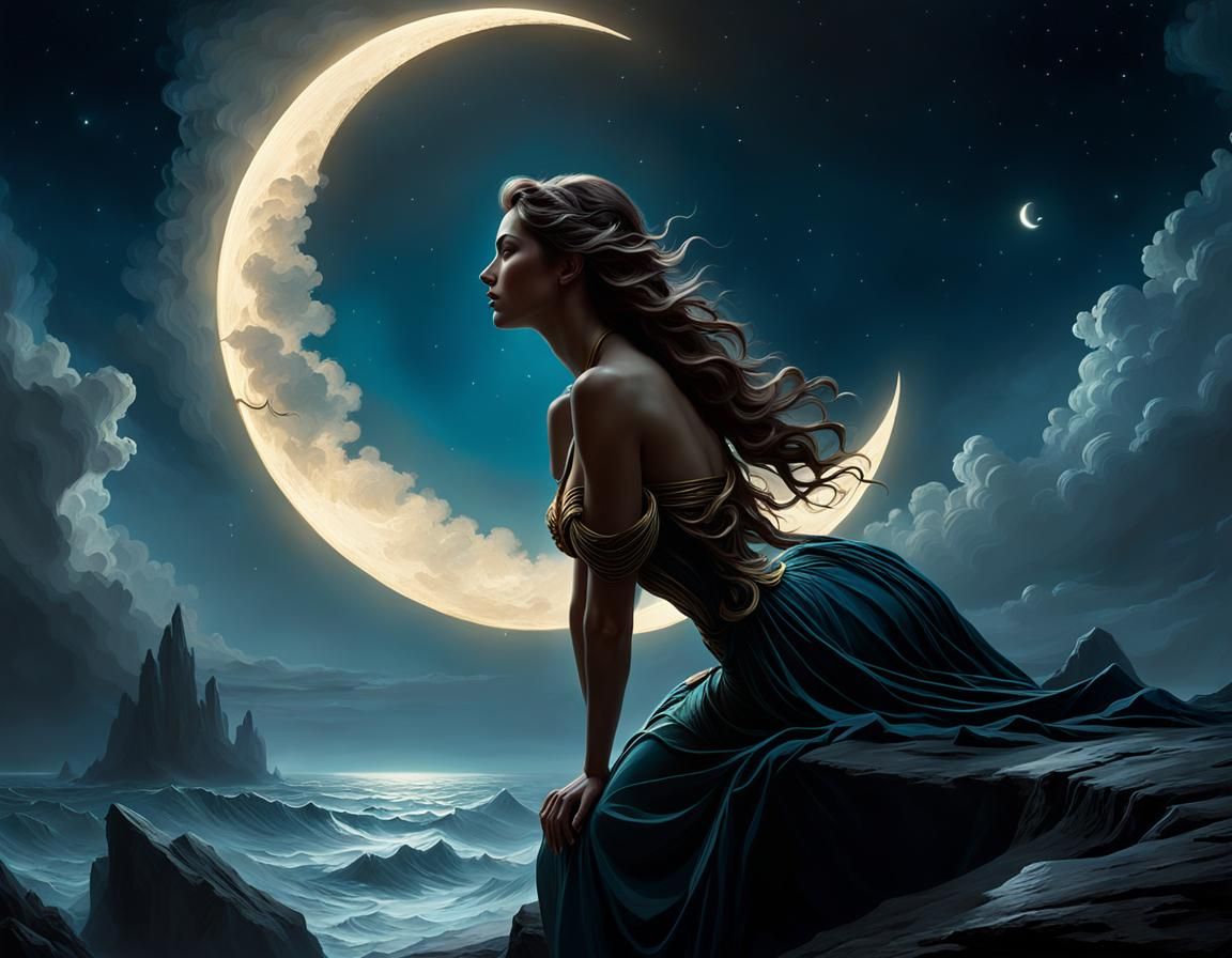 Girl on Moon Silhouette Over Sea: Digital Illustration