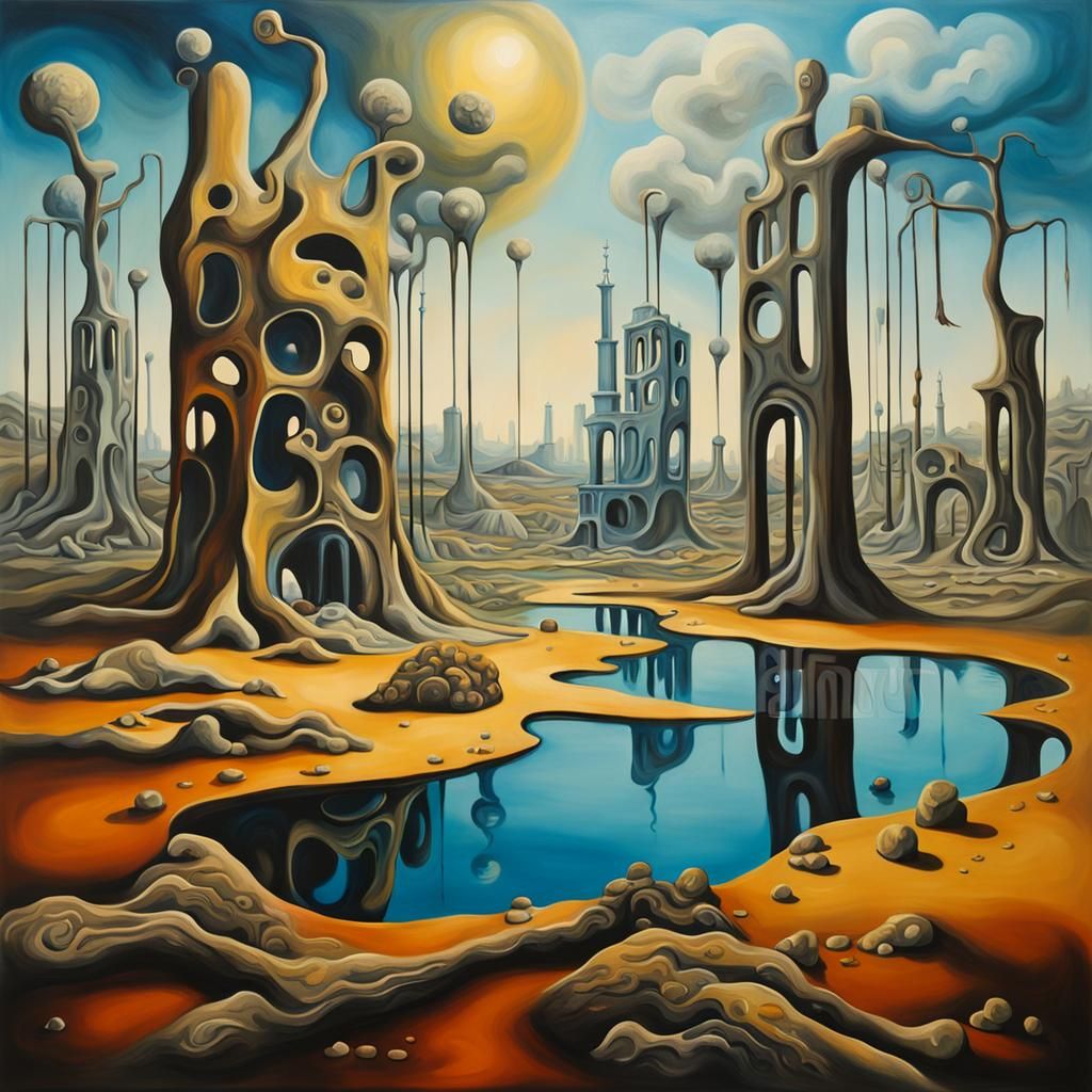 Surreal Dystopian City Park in Melting Oil