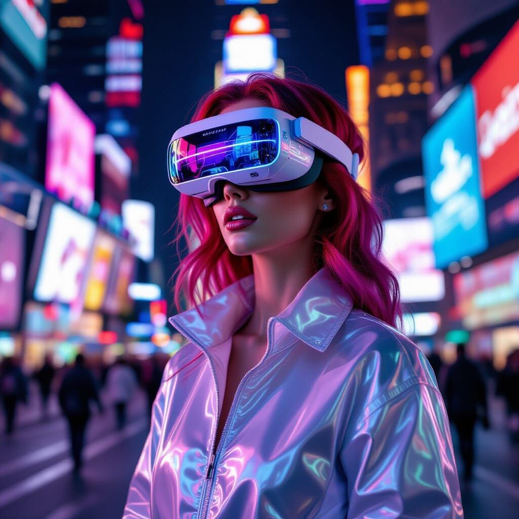 Futuristic Cybergirl in Times Square: Photorealistic Style